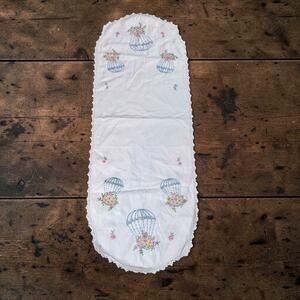 VTG Long Oval Shaped Doily Embroidered Floral White Lace 36" x 13.5" READ